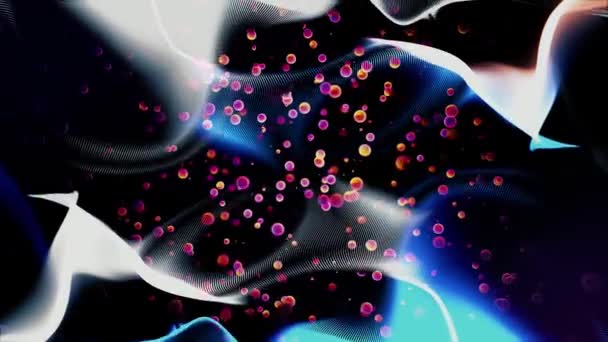 Viele rote Moleküle, die chaotisch auf schwarzem Hintergrund fließen, umgeben von weißen Lichtschweifen, nahtlose Schleife. Animation. Chemiewissenschaftliches Konzept. — Stockvideo