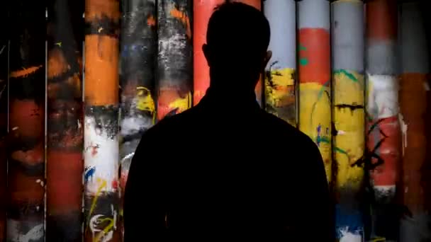 Rear view of a man silhouette standing in front of rotating columns covered by colorful brush strokes, modern art. Concept. Art object in museum, Sansara wheel theme. — Stock Video