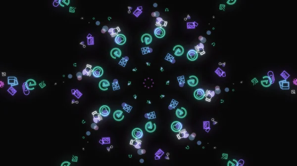 Abstrakt animation av hypnotisk spiral av neon symboler. Animering. Psykedelisk spiral av neon emojis på svart bakgrund — Stockfoto