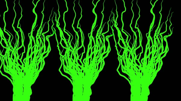 Branching plant roots on black background. Animation. Abstract animation of growing three green beams on black background