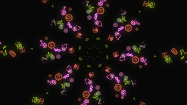 Abstrakt animation av hypnotisk spiral av neon symboler. Animering. Psykedelisk spiral av neon emojis på svart bakgrund — Stockvideo