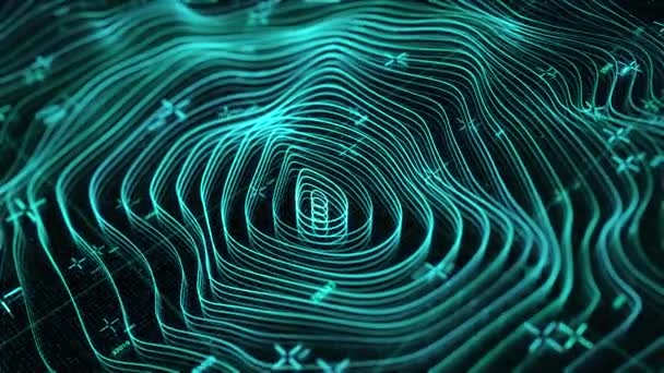 Abstract animation of digital surface map. Animation. Neon gemetric map of oscillating surface with oval markings and numbers. Neon digital seismic map of earths surface — Stock Video