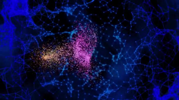 Plexus background and small bright particles flying and forming a cloud. Animation. Connected triangles of blue color and pink, orange gradient space dust. — Stock Video