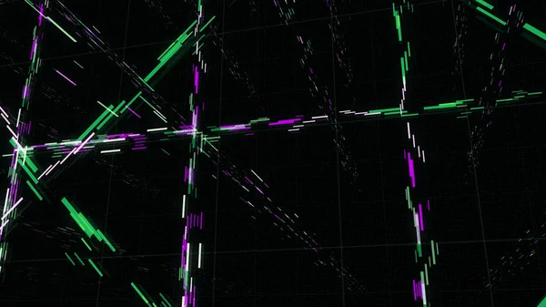 Abstract animation of 3D cyberspace matrix with strokes. Animation. Multilevel with 3D space black background with different streams of matrix strokes