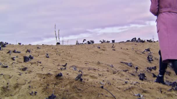Zbliżenie kobiety w jesiennych butach chodzącej po piasku. Materiał filmowy. Piękna młoda kobieta spaceruje po plaży piasek w pochmurny jesienny dzień — Wideo stockowe