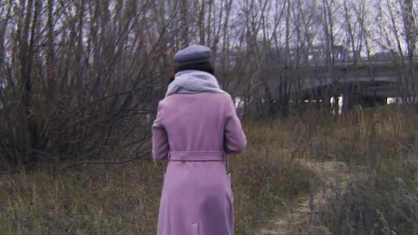 La mujer camina en un sendero cubierto de vegetación en otoño. Imágenes de archivo. Atractiva joven en abrigo camina por el camino entre la hierba alta en otoño — Vídeo de stock