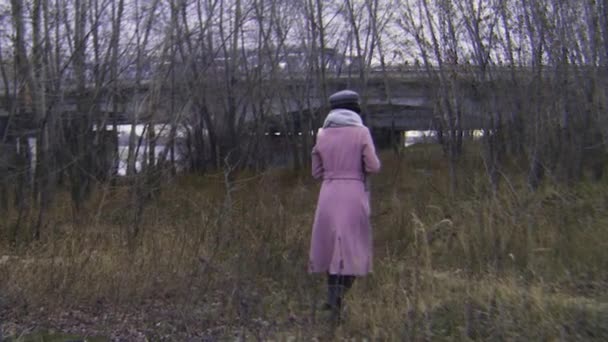 Frau geht im Herbst auf einem zugewucherten Pfad. Archivmaterial. attraktive junge Frau im Mantel spaziert im Herbst auf Pfaden durch hohes Gras — Stockvideo