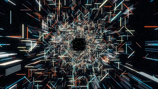 Abstract futuristic tunnel formed by flying narrow colorful lines on black background, seamless loop. Animation. Hyper jump in bright technology tunnel. — 스톡 사진