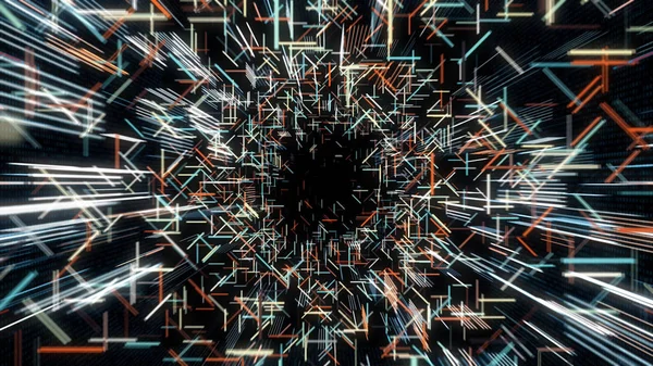 Túnel futurista abstrato formado por linhas coloridas estreitas voando sobre fundo preto, loop sem costura. Animação. Hiper salto em túnel de tecnologia brilhante . — Fotografia de Stock