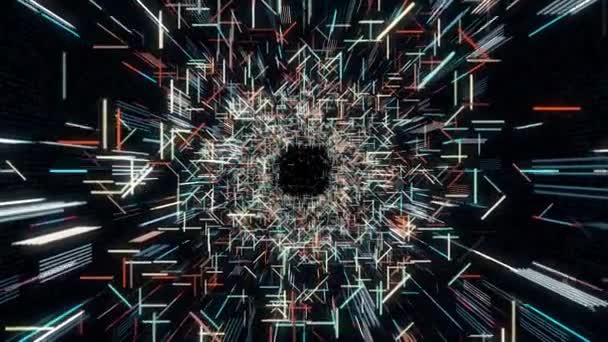 Abstraktní futuristický tunel tvořený úzkými barevnými liniemi na černém pozadí, bezešvé smyčky. Animace. Hyper skok v tunelu světlé technologie. — Stock video