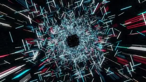 Abstract futuristic tunnel formed by flying narrow colorful lines on black background, seamless loop. Animation. Hyper jump in bright technology tunnel. — 비디오