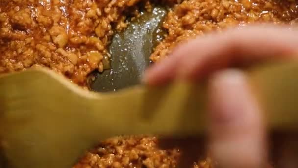 Close-up of meat stewed in sauce. Concept. Minced meat is well fried in large amount of sauce in pan. Professional cooking of minced meat gravy with sauce — Stock Video