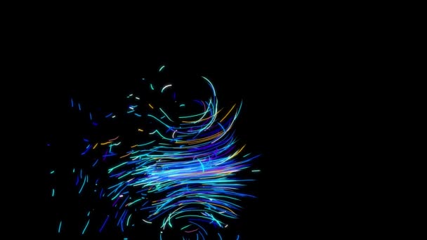 Abstrakte farbenfrohe sanfte Strömung gekrümmter schmaler Linien über dem schwarzen Hintergrund. Animation. Farbenfroher Kometenschweif bewegt sich chaotisch. — Stockvideo