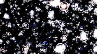 Sadece editörler kullanır. Siyah arka planda uçan popüler sosyal medya simgelerinin toplanması, kusursuz döngü. Animasyon. Modern sosyal ağın ünlü logoları.