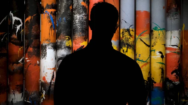 Achteraanzicht van een man silhouet staan voor roterende kolommen bedekt met kleurrijke penseelstreken, moderne kunst. Concept. Kunstvoorwerp in museum, Sansara wielthema. — Stockfoto