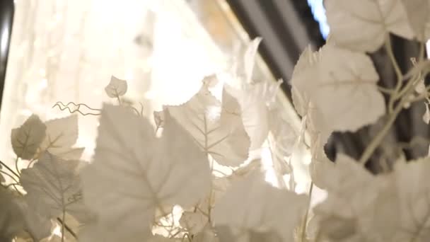 Close-up van witte kunstbladeren. Concept. Kunstmatige witte bladeren gemaakt van stof voor decoratie. Decoratieve witte bladeren ruisen in de wind bij het raam 's nachts — Stockvideo