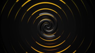 Sarı halkalarla çevrili geniş bükülmüş çizgilerden oluşan soyut ve güzel bir hipnotik spiral. Animasyon. Siyah ve altın renkli hareket arkaplanı.