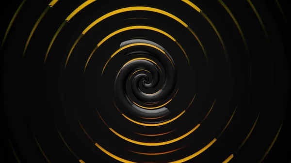 Abstrato bela espiral hipnótica rotativa de listras largas dobradas cercadas por anéis amarelos, loop sem costura. Animação. Fundo de movimento em cores preto e dourado . — Fotografia de Stock
