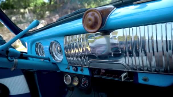 Vintage retro car interior. Action. Beautiful design of a blue retro car. Interior of the car — 비디오