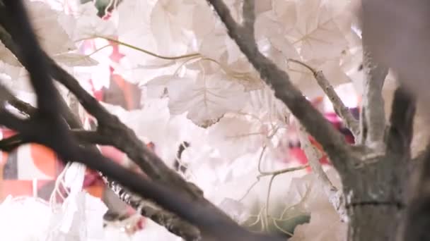 Belles feuilles blanches d'arbre artificiel dans la rue d'une grande ville. Concept. Gros plan de feuilles blanches tendres qui oscillent dans le vent . — Video