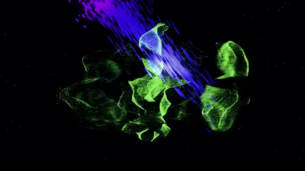 Piękna abstrakcyjna kometa podążająca zakrzywioną trajektorią otoczona zielonym pyłem kosmicznym odizolowanym na czarnym tle, płynna pętla. Animacja. Kolorowa purpurowa kometa poruszająca się wśród zielonych latających — Wideo stockowe