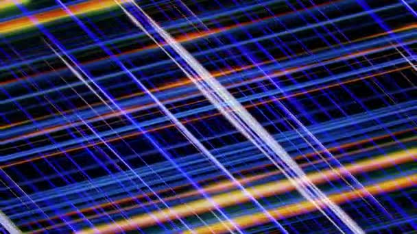 Abstract glowing parallel lines of purple and orange colors rotating on black background, seamless loop. Animation. Glowing spinning light rays. — 비디오