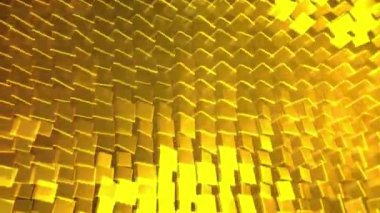 Altın zemin üzerinde dönen üç boyutlu soyut geometrik şekiller, kusursuz döngü. Animasyon. Küçük sarı küpler durmadan farklı yönlere dönüyorlar..