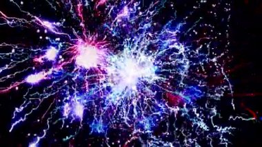 Soyut güçlü patlama, enerji ve siyah arkaplan üzerindeki renkli dürtüler, kusursuz döngü. Animasyon. Ekranda hareket eden mistik ışık huzmeleri.