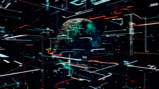 globe terrestre 3d avec des données de technologie de graphiques d'entreprise sur fond noir, boucle transparente. Animation. Concept de réussite commerciale, graphiques et graphiques qui volent sur tout l'écran .