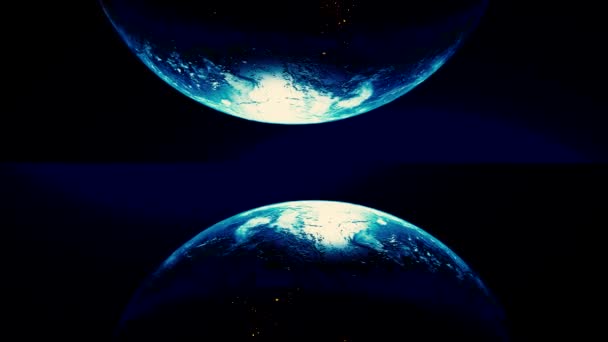 Abstract breathtaking cosmic background with the two halves of planet Earth, seamless loop. Animation. Realistic world globe spinning slowly in outer space. — ストック動画