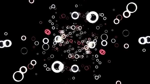 Fond abstrait avec animation de cercles volants sur fond noir, boucle transparente. Animation. Anneaux colorés de couleurs rouges et blanches en mouvement 3d . — Video