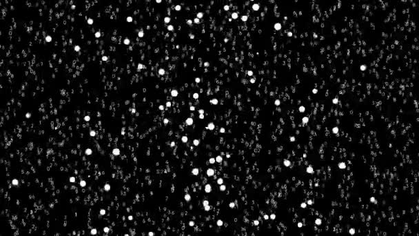 デジタル技術の概念、黒の背景にゼロから9に変わる小さな白い数字の抽象的な雲、シームレスなループ。アニメーション。数の変更と小さな球体の飛行. — ストック動画