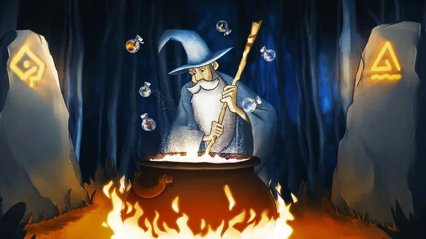 Concept Halloween, animation de dessin animé avec un endroit mystérieux dans la forêt où un sorcier prépare une potion sur un feu rituel. Images d'archives. Vieux magicien effectuant le rite parmi les chants et les symboles . — Photo