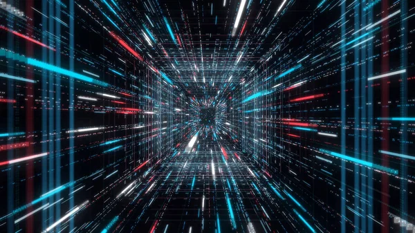 Vliegen door een abstracte kleurrijke wormgat tunnel op zwarte achtergrond, naadloze lus. Animatie. Spring in hyperspace, 3D grafische beweging. — Stockfoto