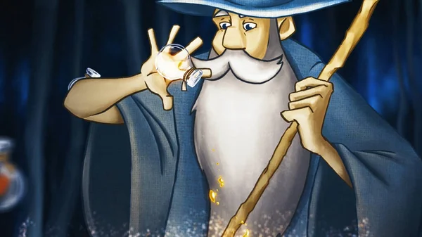 Halloween concept, cartoon animation with a mysterious place in the forest where a wizard preparing a potion on a ritual fire. Stock footage. Old magician performing the rite among sings and symbols.