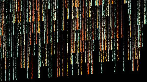 Abstrakt digital färg linjer rörelse på svart bakgrund, sömlös loop. Animering. Droppar av färg i olika färger eller kurvlinjer faller ner snabbt. — Stockfoto