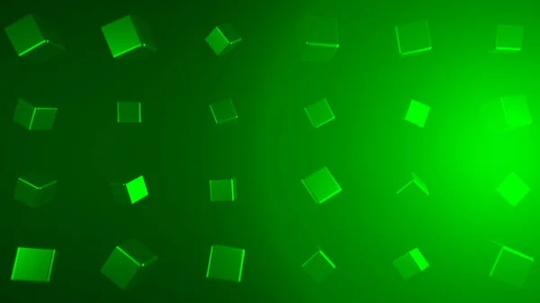 Абстрактні зелені кубики розміщуються рядами на зеленому тлі зі світловим полум'ям, що обертається в різні боки. Анімація. 3D неонові геометричні фігури, концепція графіки руху . — стокове фото