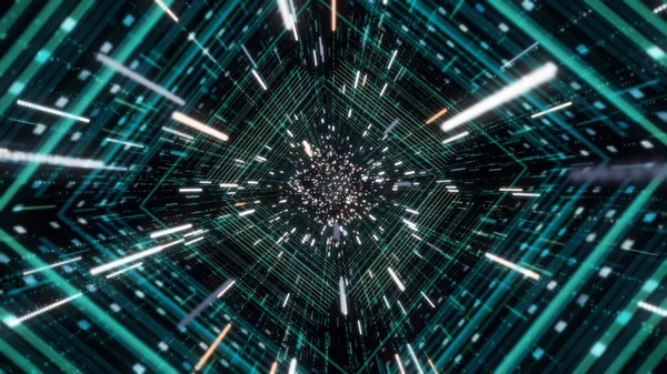 Hiper salto abstracto a través de estrellas verdes en el Universo, bucle sin fisuras. Animación. Velocidad de la luz moviéndose rápido, vista interior del túnel de la máquina del tiempo . —  Fotos de Stock
