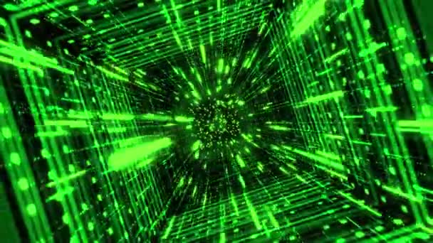 Groene sci fi tunnel, abstract futuristisch technologie concept. Animatie. 3d reis door cyberspace op zwarte achtergrond met matrix-effect, naadloze lus. — Stockvideo
