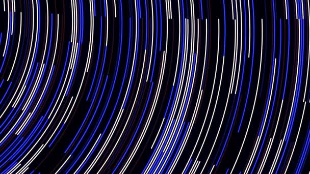 Blue neon stream with striped creative texture. Animation. Abstract bending narrow neon lines flowing on black background, seamless loop. — Stock Video