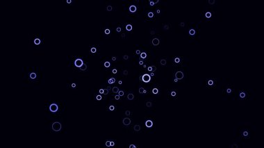 Birçok küçük renkli çember koyu bir arka planda belirir ve yavaş hareket eder, pürüzsüz bir döngü. Animasyon. 3 boyutlu hareket halinde güzel mor halkalar düşüyor..