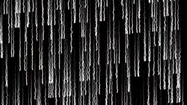 Abstract glowing wavy white lines moving on black background, seamless loop. Animation. Curving stripes looking like rain drops flowing backwards, monochrome.