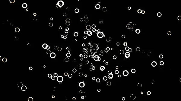 Fond abstrait avec animation de cercles blancs volants sur fond noir, boucle transparente. Animation. Anneaux monochromes de couleur blanche en mouvement 3d . — Photo