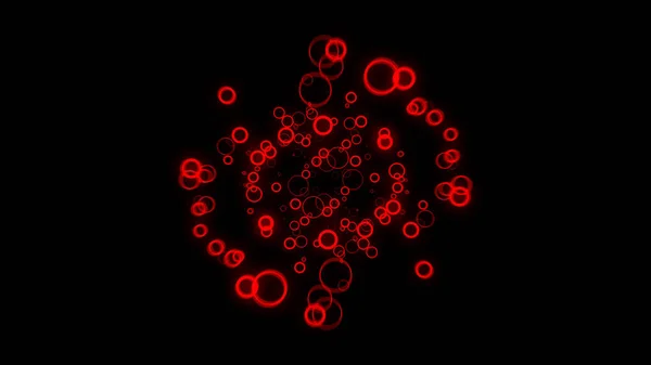 Abstraktní červené kruhy pomalu proudí ke kameře na černém pozadí, bezešvé smyčky. Animace. Barevné kruhy se pohybují a přibližují. — Stock fotografie