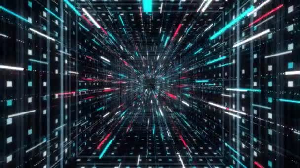 Voler à travers un tunnel abstrait de vortex coloré sur fond noir, boucle transparente. Animation. Aller dans l'hyperespace, mouvement graphique 3D .