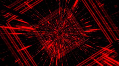 Güzel soyut kırmızı kare tünel, ışık çizgileri siyah arka planda hızlı ilerliyor, pürüzsüz döngü. Animasyon. Doğruca başka bir evrene atlama noktasına gel..