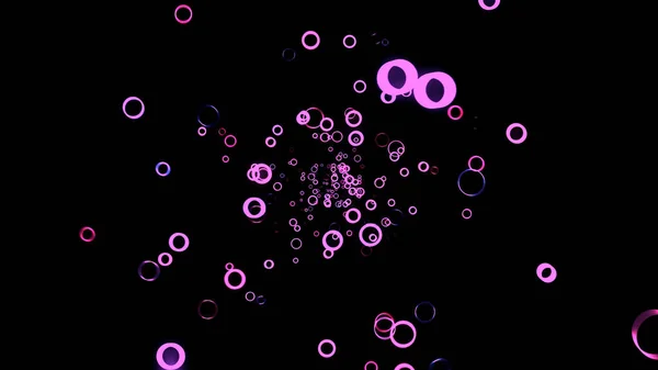 Abstrakte neonviolette Ringe im dunklen Bewegungshintergrund. Animation. wunderschöne kleine Kreisrahmen, die auf schwarzem Hintergrund schunkeln und in Richtung Kamera fliegen, nahtlose Schlaufe. — Stockfoto