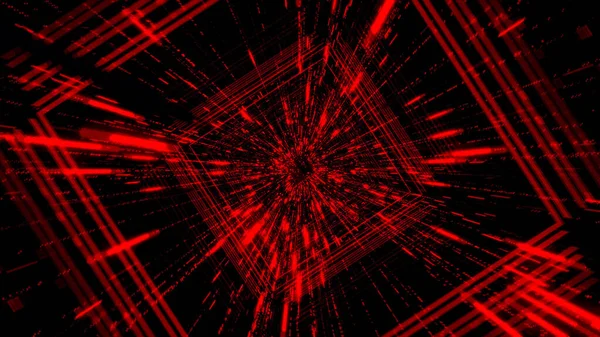 Wunderschöner abstrakter roter quadratischer Tunnel mit sich schnell bewegenden Lichtlinien auf schwarzem Hintergrund, nahtlose Schleife. Animation. Direkt zum Sprung in ein anderes Universum. — Stockfoto