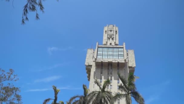 Botten utsikt över byggnaden med palmer på bakgrunden av blå himmel. Börja. Ovanlig arkitektonisk byggnad i södra staden med palmer mot blå klar himmel — Stockvideo