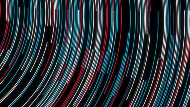 Lignes étroites colorées abstraites se déplaçant rapidement sur fond noir, boucle transparente. Animation. Bandes courbées coulant dans la même direction . — Video